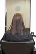 A female client at mirror in a hairdressing salon, rear view