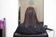 A female client at mirror in a hairdressing salon, rear view