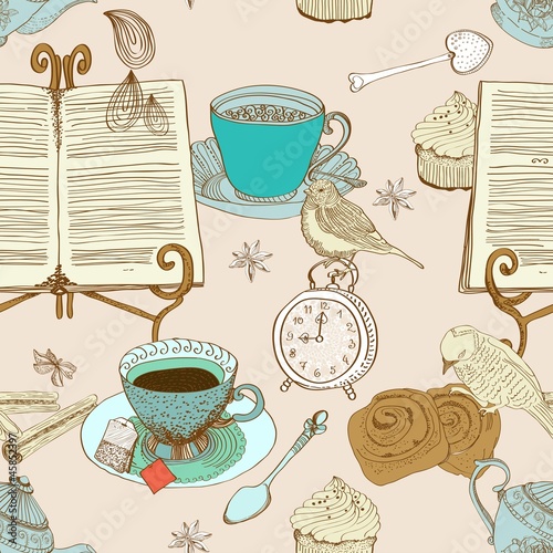 Vector: vintage morning tea background, seamless pattern for design vintage morning tea background, seamless pattern for design
