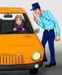 illustration gendarme réprimandant une conductirce