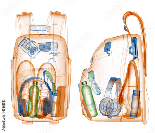 Illustration: Backpack under xray on security control. Backpack under xray on security control.