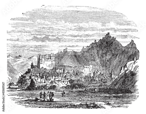 Vector: Leh Palace, in the town of Leh, Tibet, China, vintage engraving. Leh Palace, in the town of Leh, Tibet, China, vintage engraving.