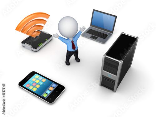 Illustration: Electronics around 3d small person. Electronics around 3d small person.