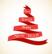 Christmas vintage greeting card with tree and ribbons