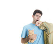 Yawning young man with plaid isolated on white background