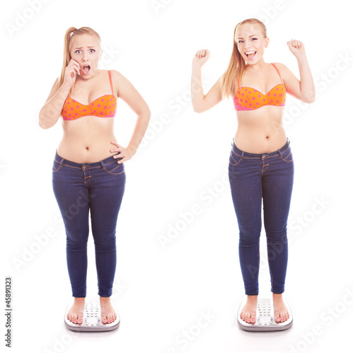Photo: Before and after a diet, girl on a bathroom scale Before and after a diet, girl on a bathroom scale