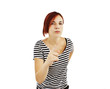 Angry young woman scolds on white background