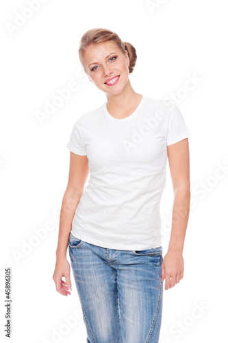 Photo: woman in white t-shirt posing in studio woman in white t-shirt posing in studio