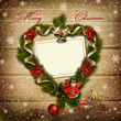 Card with wreath of pine branches on snowy wooden background
