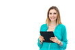 woman holding in hand a tablet touch pad
