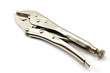 Metal locking plier jaw on white background.