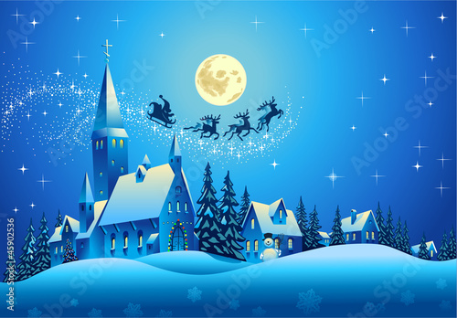 Vector: Church and Houses in the Christmas Night Church and Houses in the Christmas Night