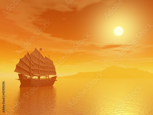Illustration: Oriental junk by sunset Oriental junk by sunset