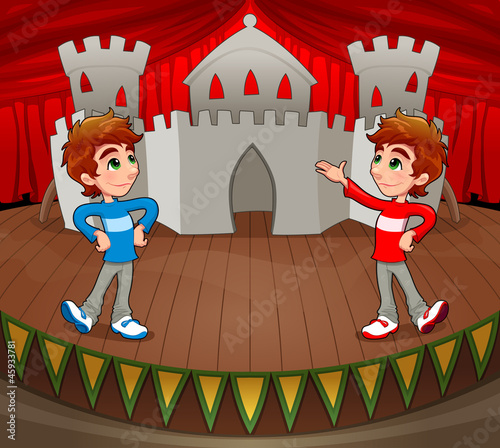 Vector: Twins are acting on the stage. Vector illustration. Twins are acting on the stage. Vector illustration.