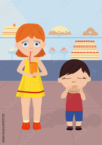 Illustration: boy and girl eat near showcase boy and girl eat near showcase