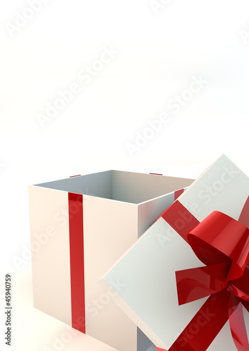 Illustration: Opened white gift box with red ribbons Opened white gift box with red ribbons