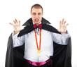portrait of a handsome young man in a suit of Count Dracula