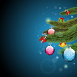 Christmas tree branches with presents and shine blue background