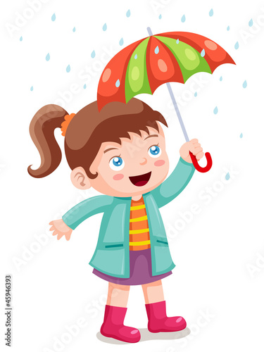 Vector: illustration of Girl in raining with umbrella illustration of Girl in raining with umbrella