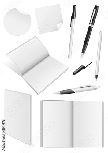 Vector: Set of blank mock-ups of pens and a books Set of blank mock-ups of pens and a books
