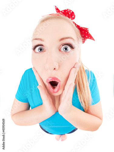 Photo: Funny surprised girl, photo taken by a fish eye lens Funny surprised girl, photo taken by a fish eye lens