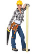 Confident female carpenter standing on white background