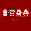 Sitting Snowman, Rudolph, Santa & Angel Red Background