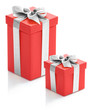 Photo: Two red gift boxes with silver ribbon on white background. Two red gift boxes with silver ribbon on white background.
