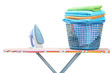 Studio shot of iron and laundry basket full of clothes on ironin