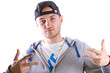 Portrait of young man in sport hat over white