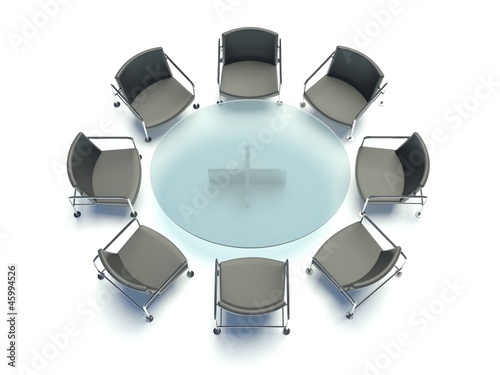 Illustration: Conference table and chairs, meeting room on white background Conference table and chairs, meeting room on white background