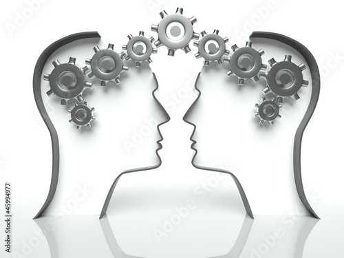 Illustration: Brains made of gears in heads, concept of teamwork Brains made of gears in heads, concept of teamwork