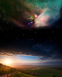 Foto: Countryside sunset landscape with planets in night sky Elements Countryside sunset landscape with planets in night sky Elements