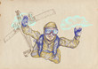 Skydiving, parachutist. Full-sized (original) hand drawing