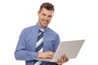 Happy businessman holding laptop