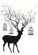 Deer with birds and birdcages, vector