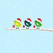 3 Birds On Tree Holding Christmas Symbols Blue