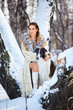 woman with wolfhound outdoors