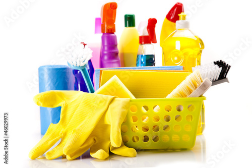 Photo: Cleaning items isolated on white Cleaning items isolated on white