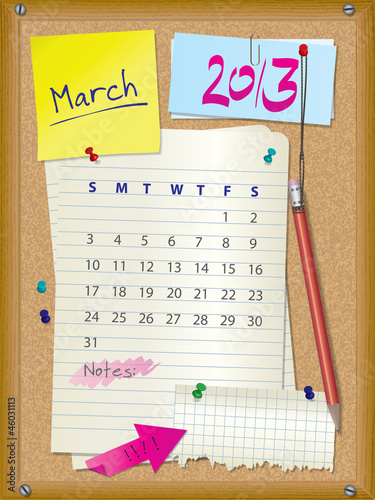 Vector: 2013 calendar - month March - cork board with notes 2013 calendar - month March - cork board with notes