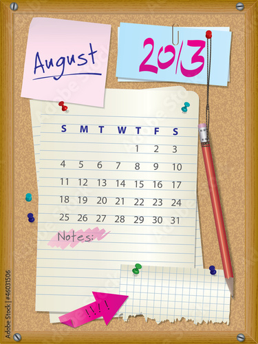 Vector: 2013 calendar - month August - cork board with notes 2013 calendar - month August - cork board with notes