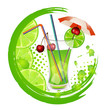 Glass of drink with straw ice cube and fruit piece
