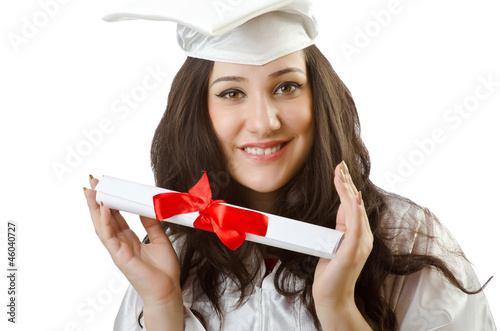Photo: Happy student celebrating graduation on white Happy student celebrating graduation on white
