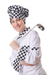 Woman cook with ladle on white