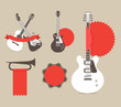 Vector music instruments with red ribbons and tags. template for