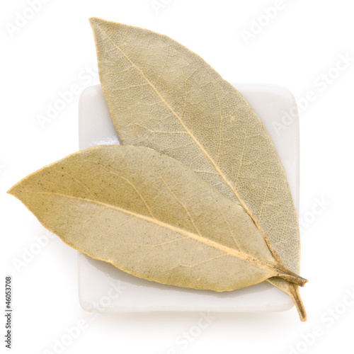 Photo: Bay Leaves in a white bowl on white background. Bay Leaves in a white bowl on white background.