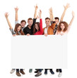 Photo: group of smiling friends holding blank banner group of smiling friends holding blank banner