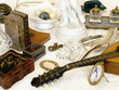 Brocante, mandoline laque, livres, encrier