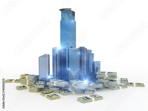 Illustration: Dollars stacks around bussiness city center Dollars stacks around bussiness city center