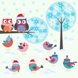 Vector: Birds and owls in winter forest Birds and owls in winter forest
